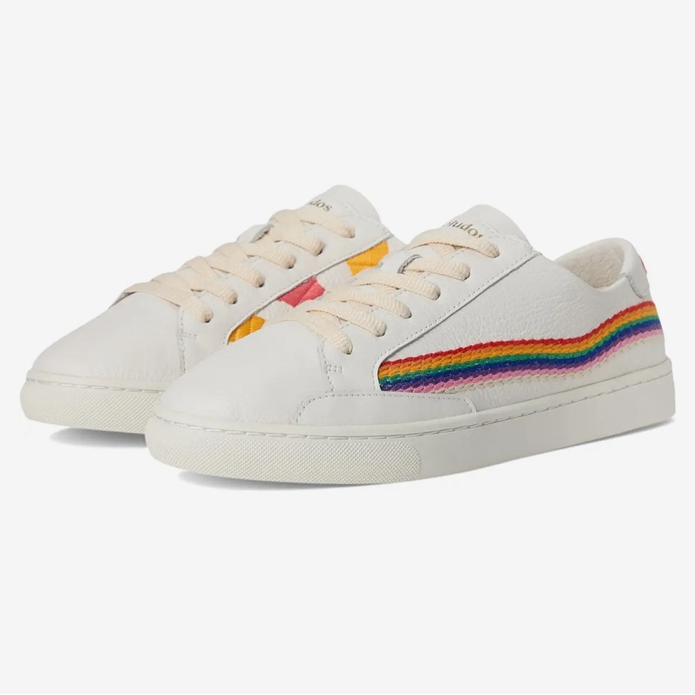 Soludos White Leather Sneakers with Rainbow Side Stripe